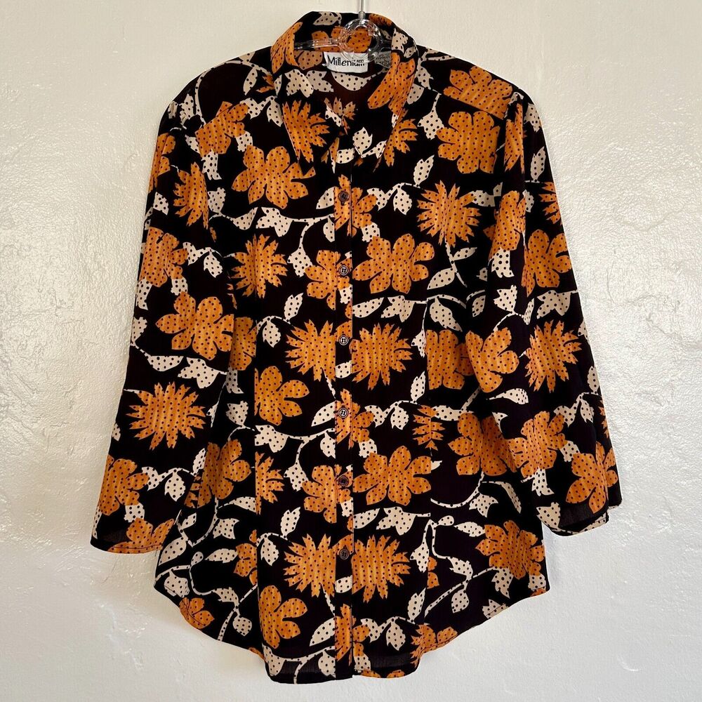 Vintage Mod Flower Blouse Women's Large Orange Brown Retro Daisey By Millenium - Picture 3 of 8